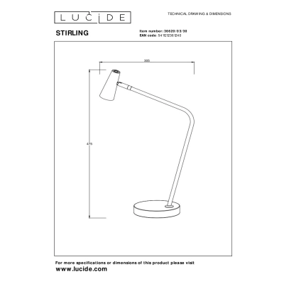 STIRLING - Lampa stołowa - Akumulator/baterie - LED Dim. - 1x3W 2700K - Czarny 36620/03/30 Lucide